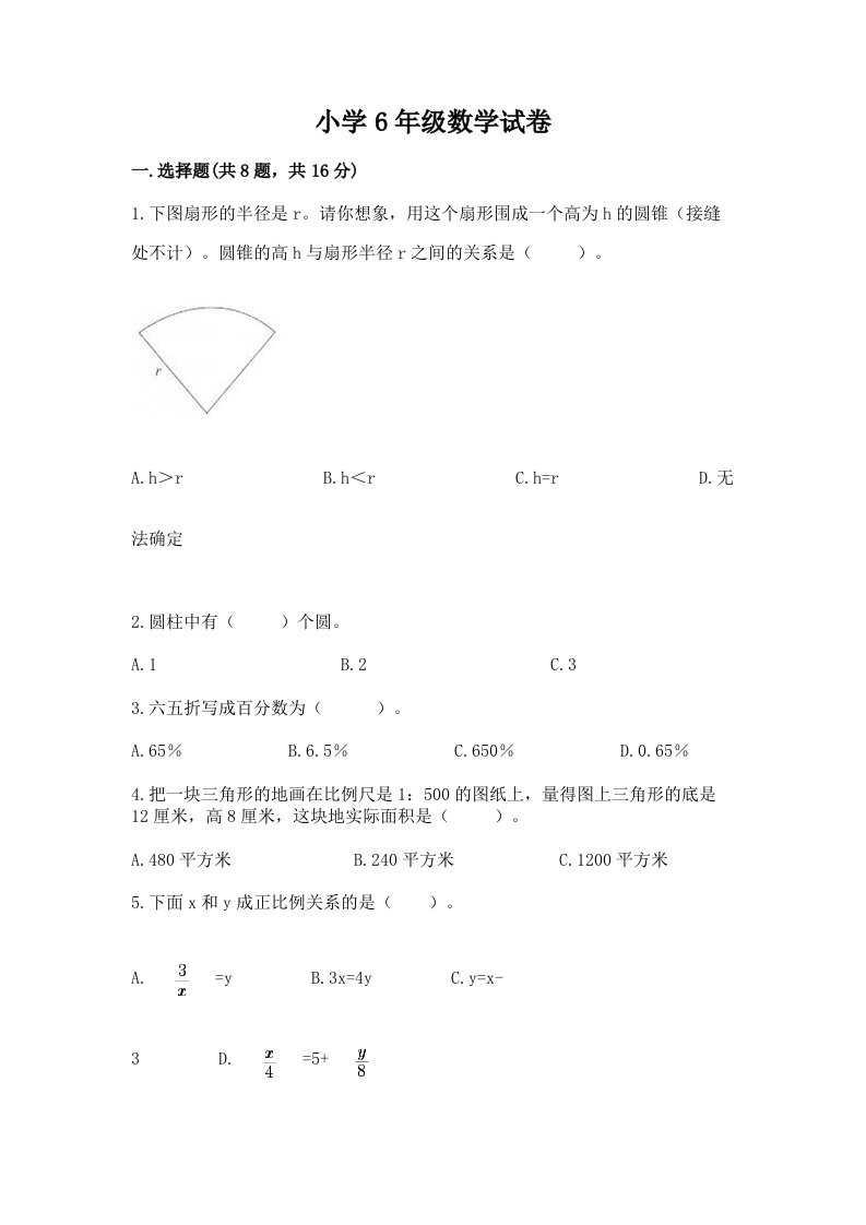 小学6年级数学试卷精品（历年真题）