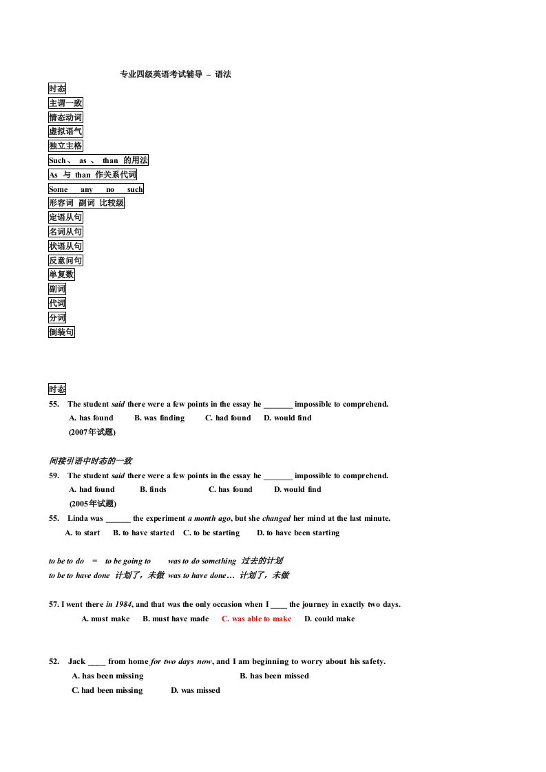 专业四级英语考试辅导–语法无答案