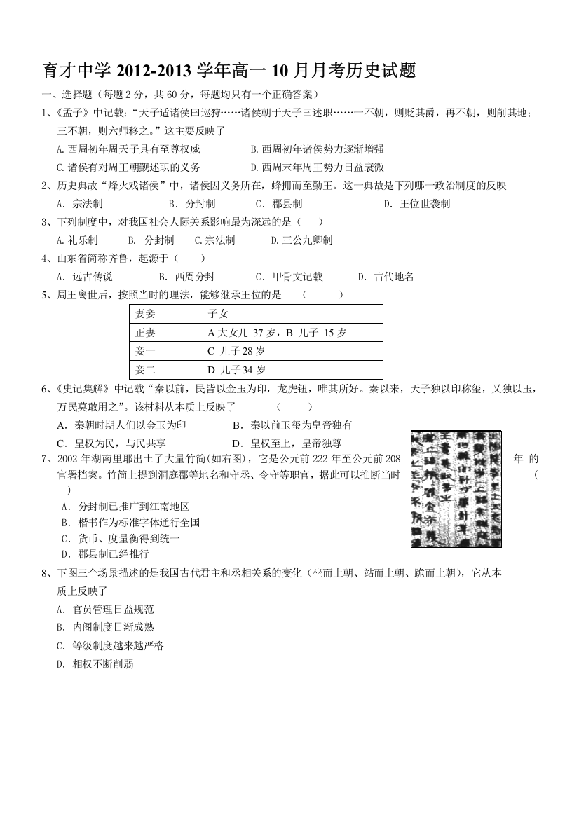 广西玉林市育才中学2012-2013学年高一10月月考历史试题（无答案）