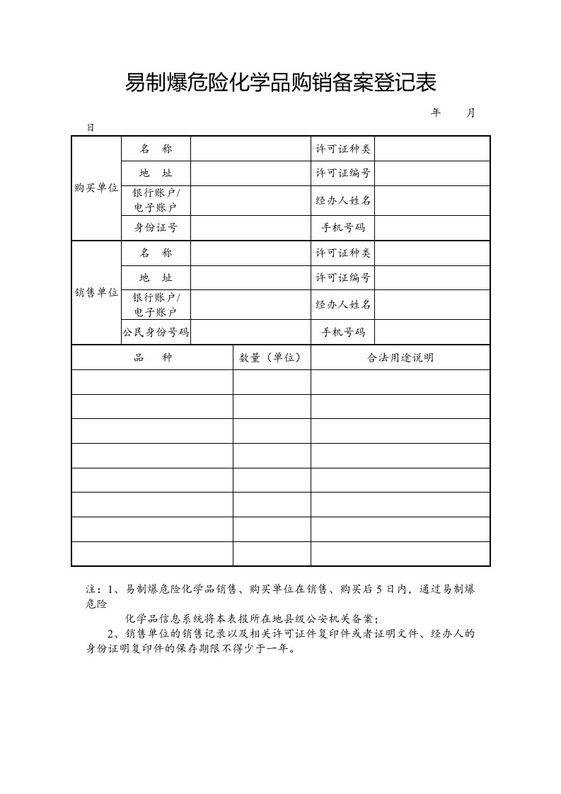 易制爆危险化学品购销备案登记表