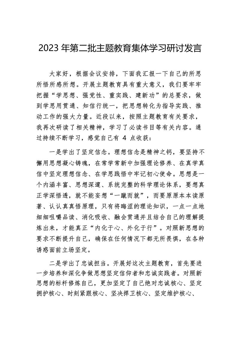 2023年第二批主题教育集体学习研讨发言