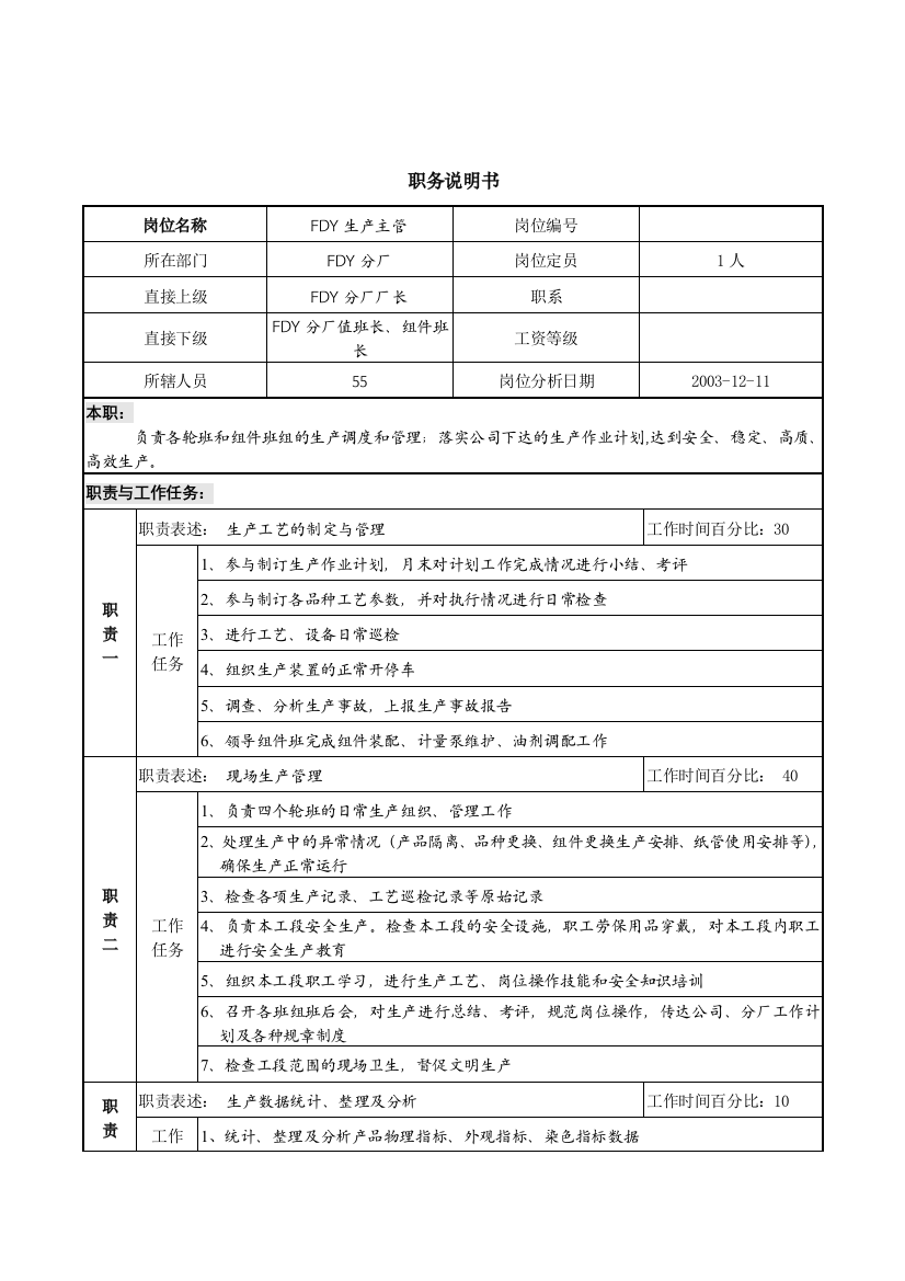 某咨询新丰化纤项目组分厂生产主管职位说明书