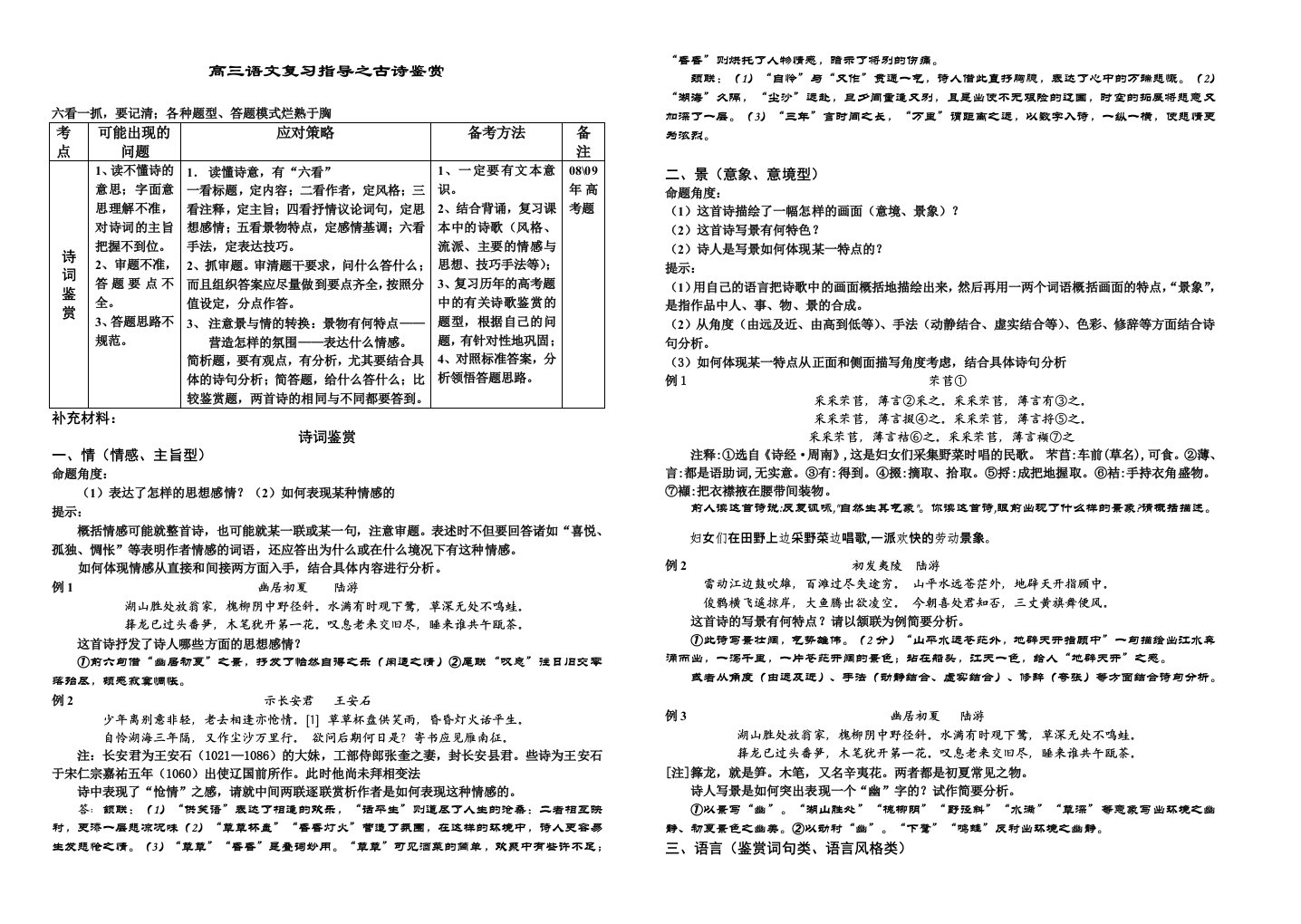 高三语文复习指导之古诗鉴赏