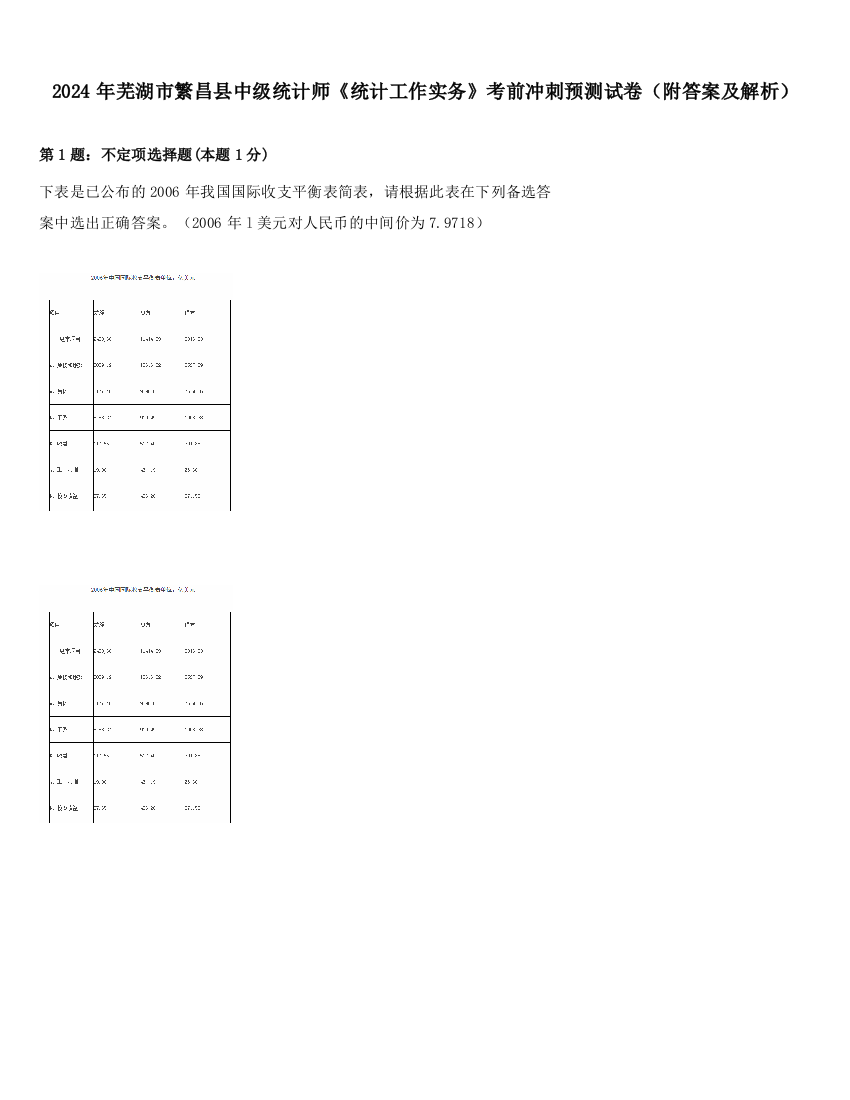 2024年芜湖市繁昌县中级统计师《统计工作实务》考前冲刺预测试卷（附答案及解析）