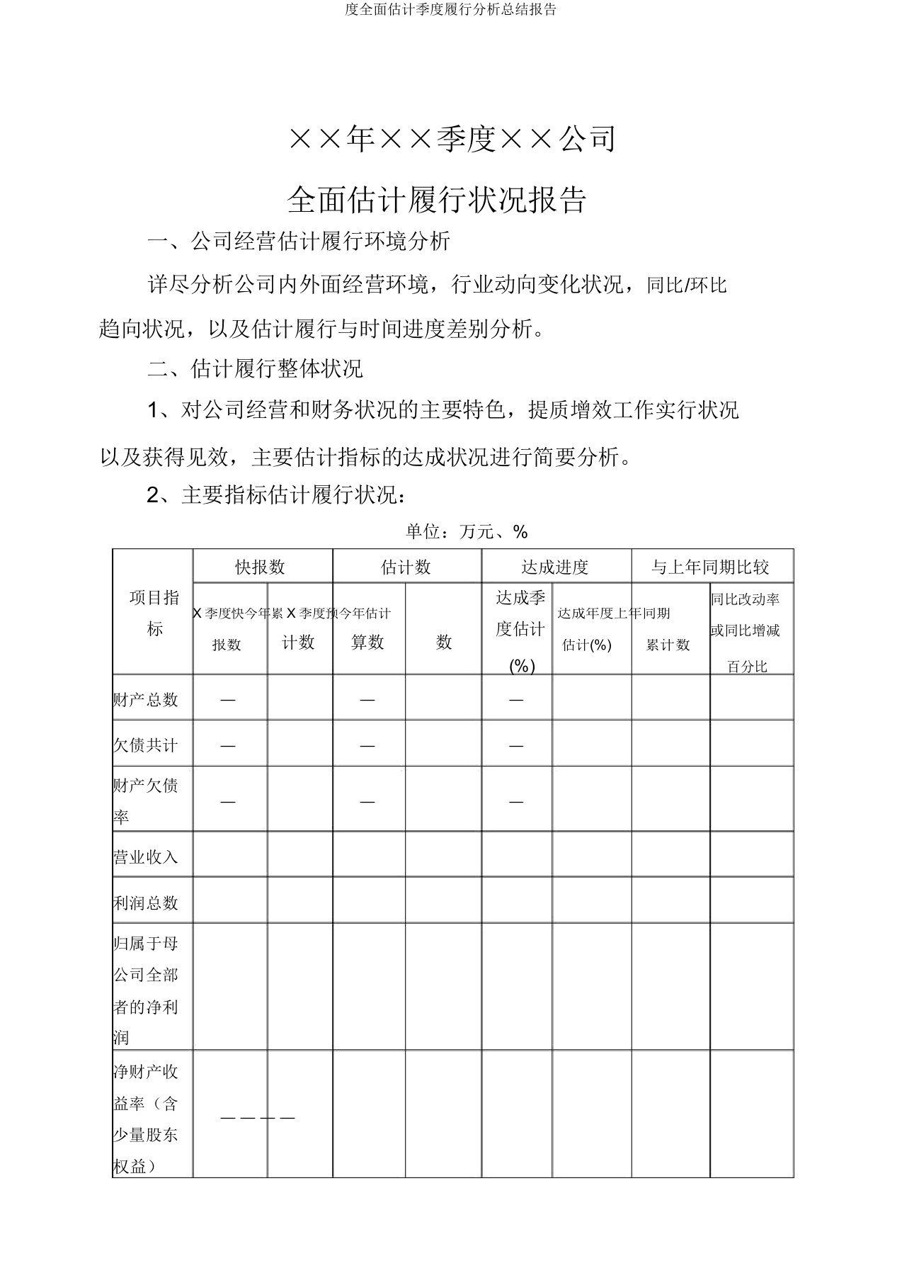 度全面预算季度执行解析总结报告