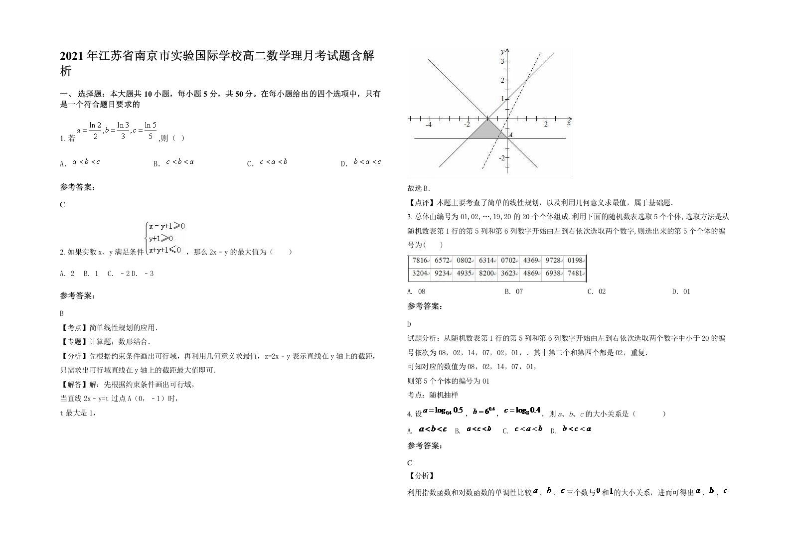 2021年江苏省南京市实验国际学校高二数学理月考试题含解析