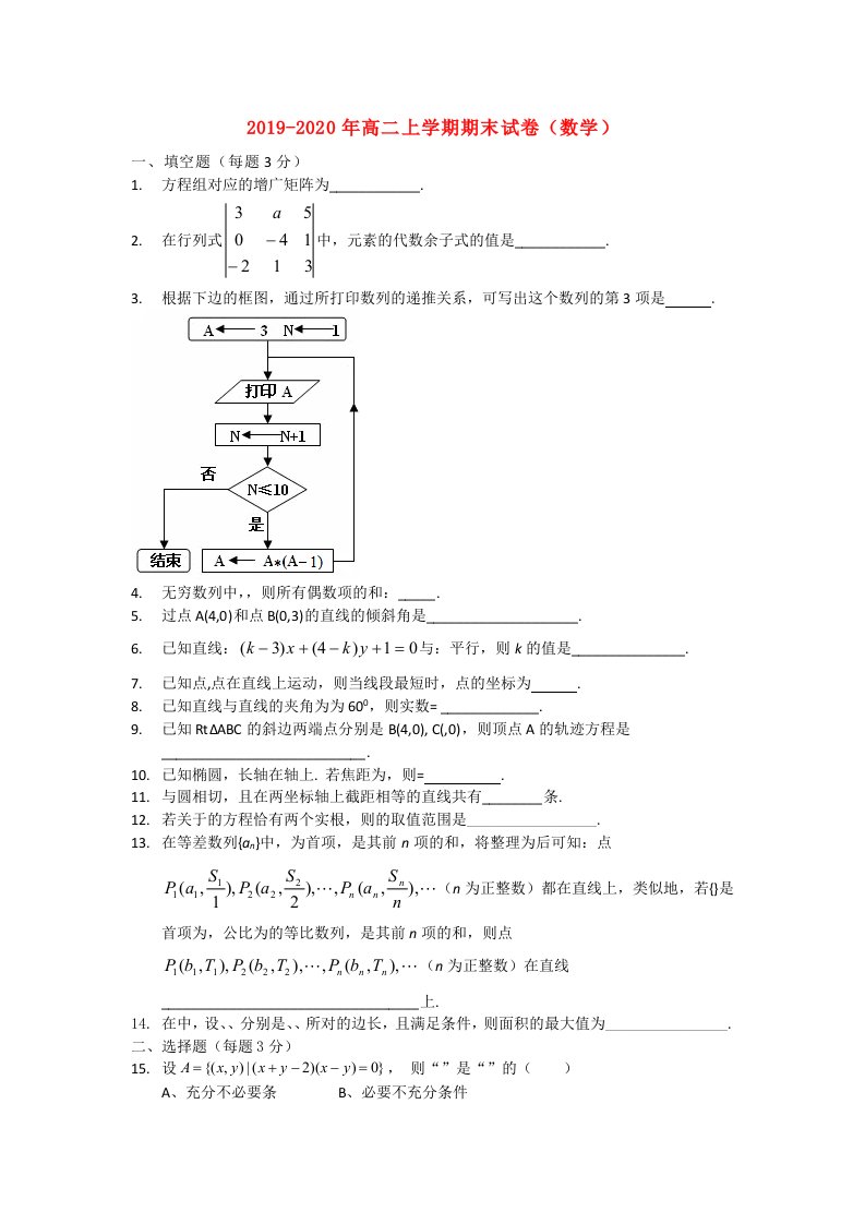 2019-2020年高二上学期期末试卷（数学）