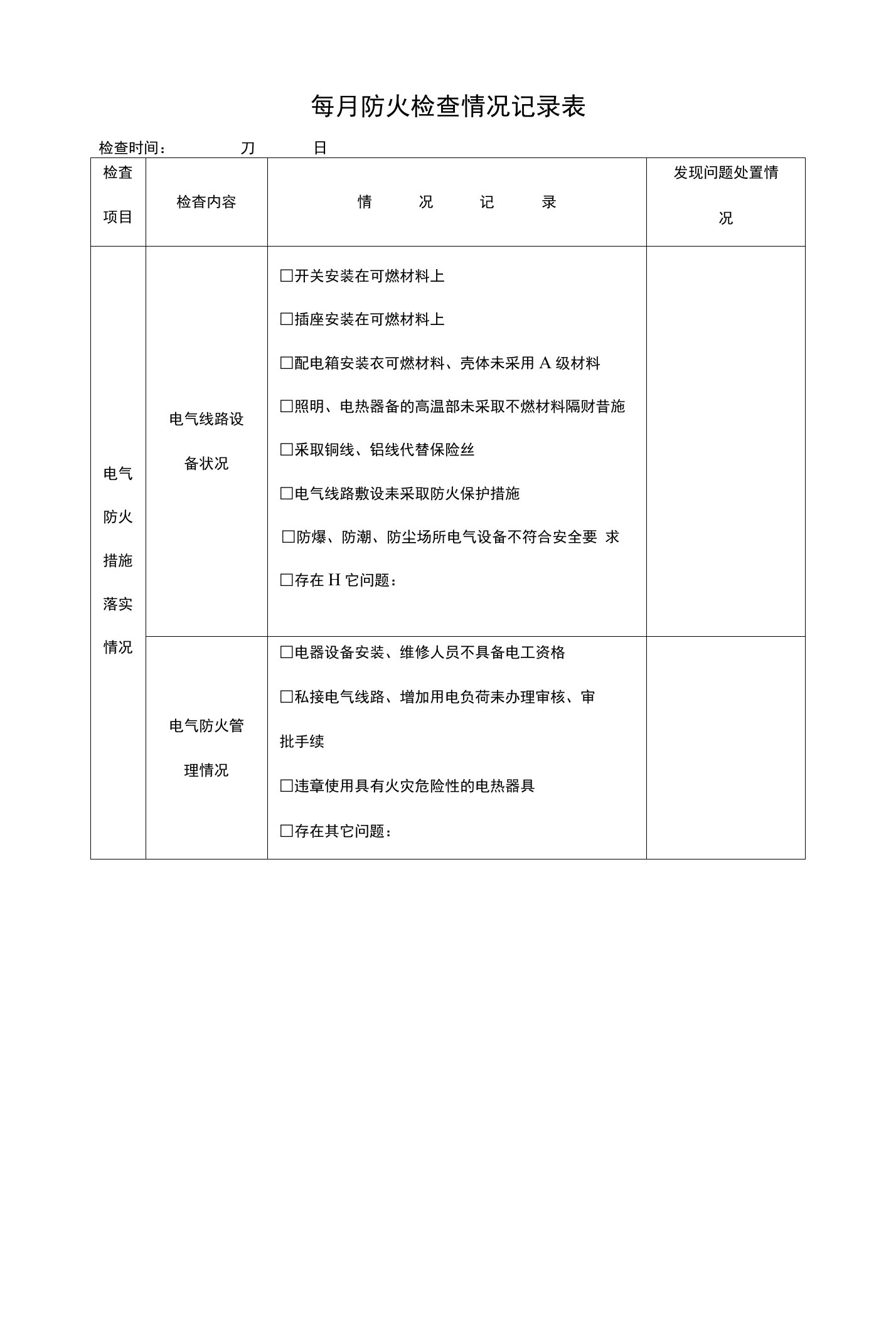 每月防火检查情况记录表