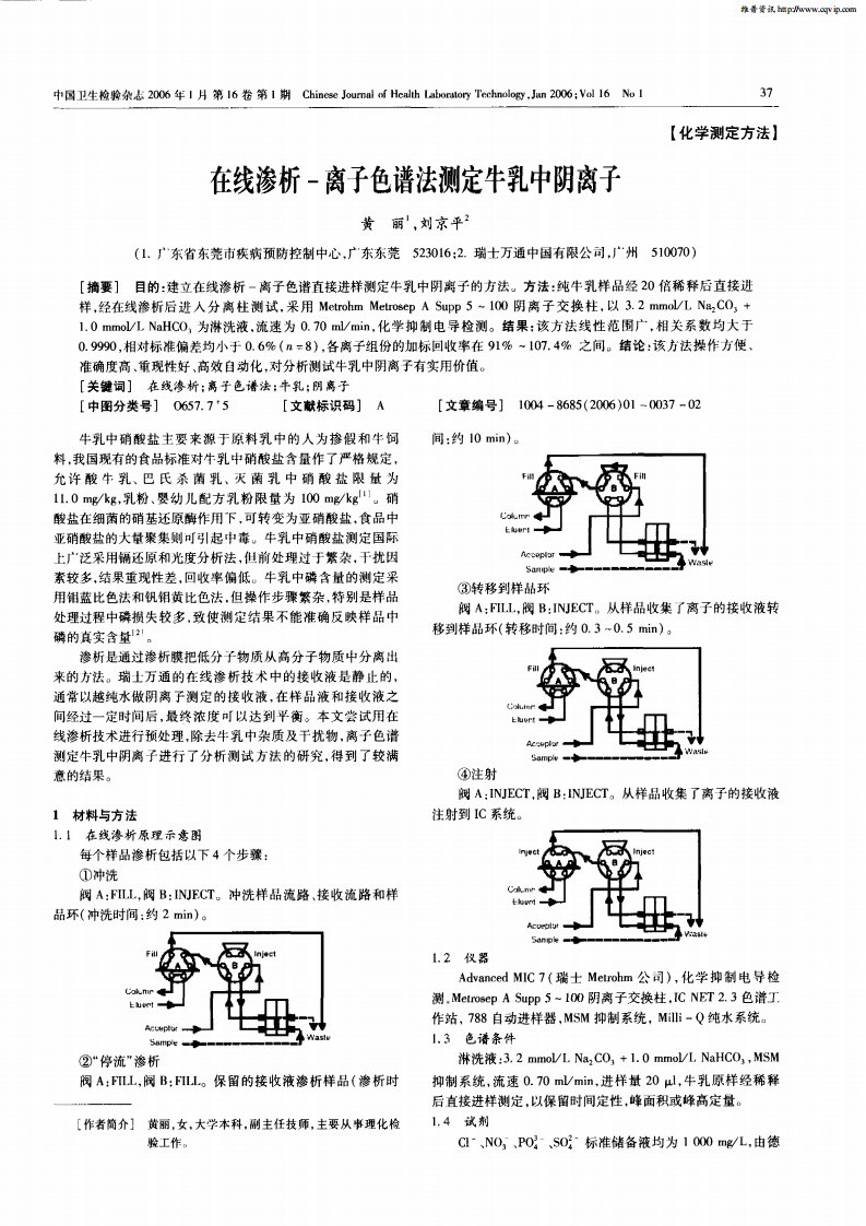 在线渗析-离子色谱法直接测定牛乳中阴离子