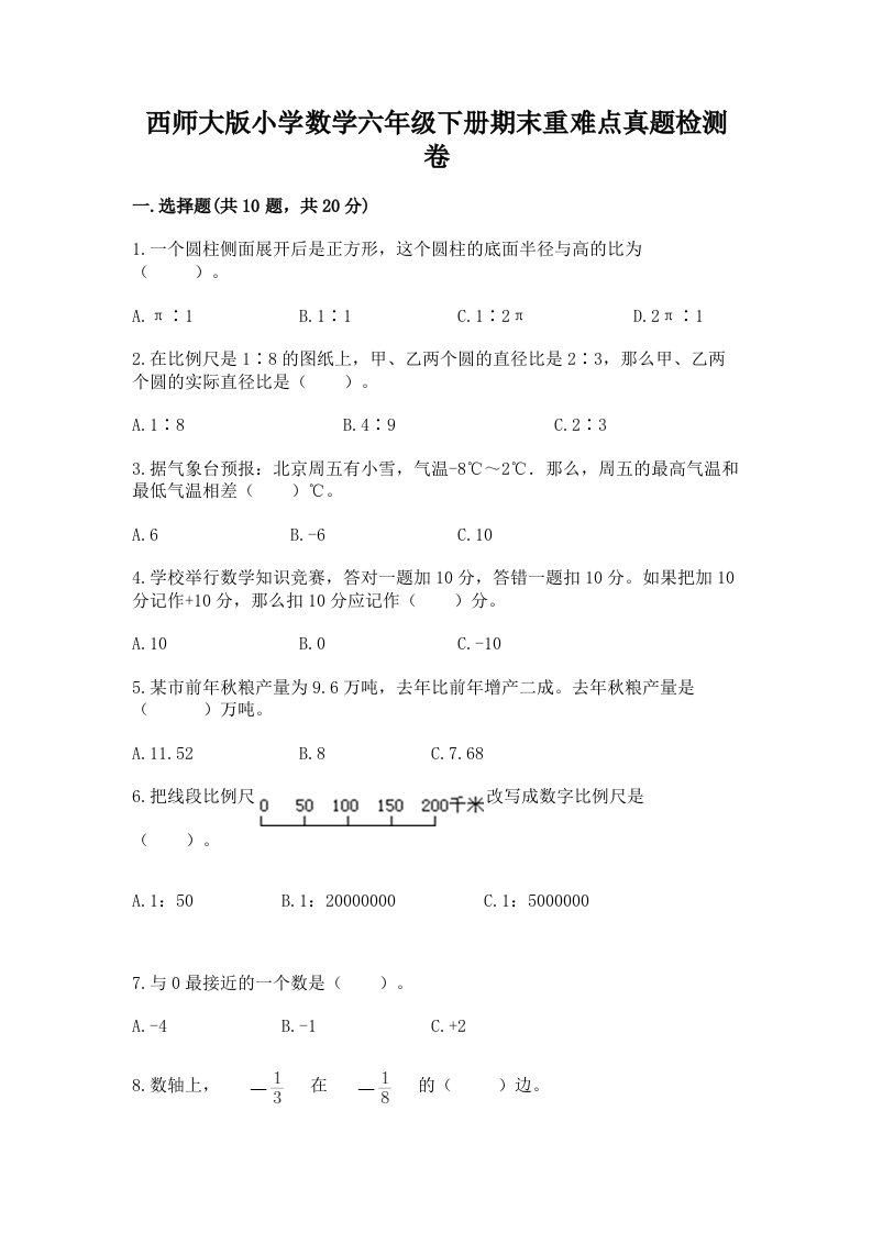 西师大版小学数学六年级下册期末重难点真题检测卷（各地真题）word版