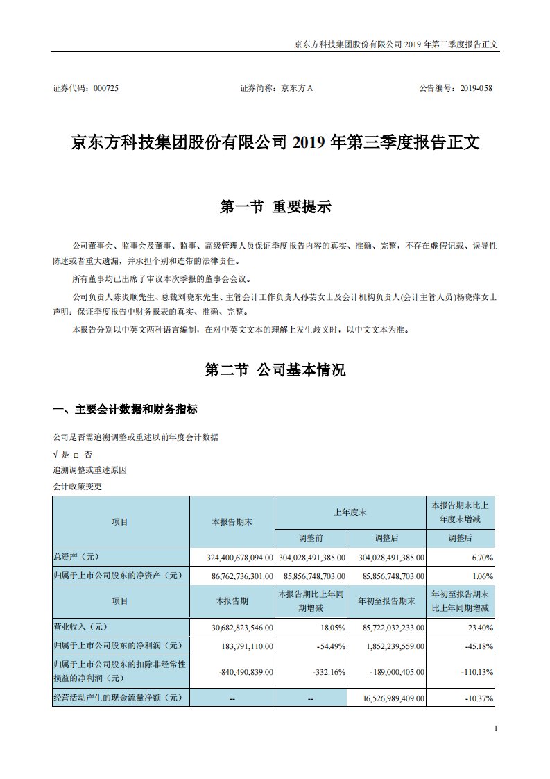 深交所-京东方Ａ：2019年第三季度报告正文-20191031