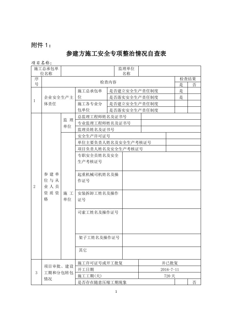 参建方施工安全专项整治情况自查表