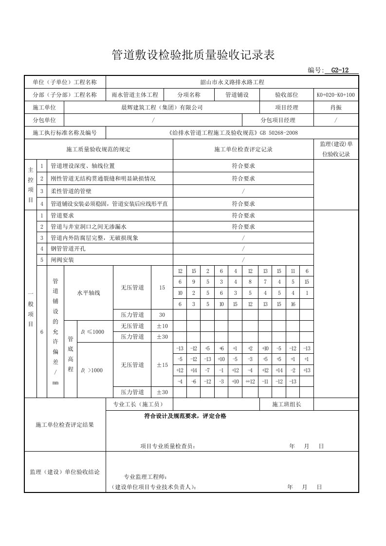 管道敷设检验批质量验收记录表