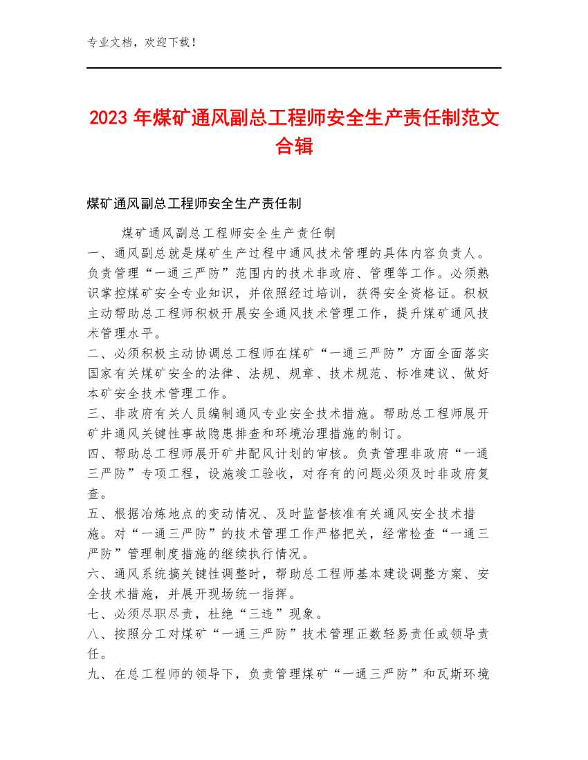 2023年煤矿通风副总工程师安全生产责任制范文合辑