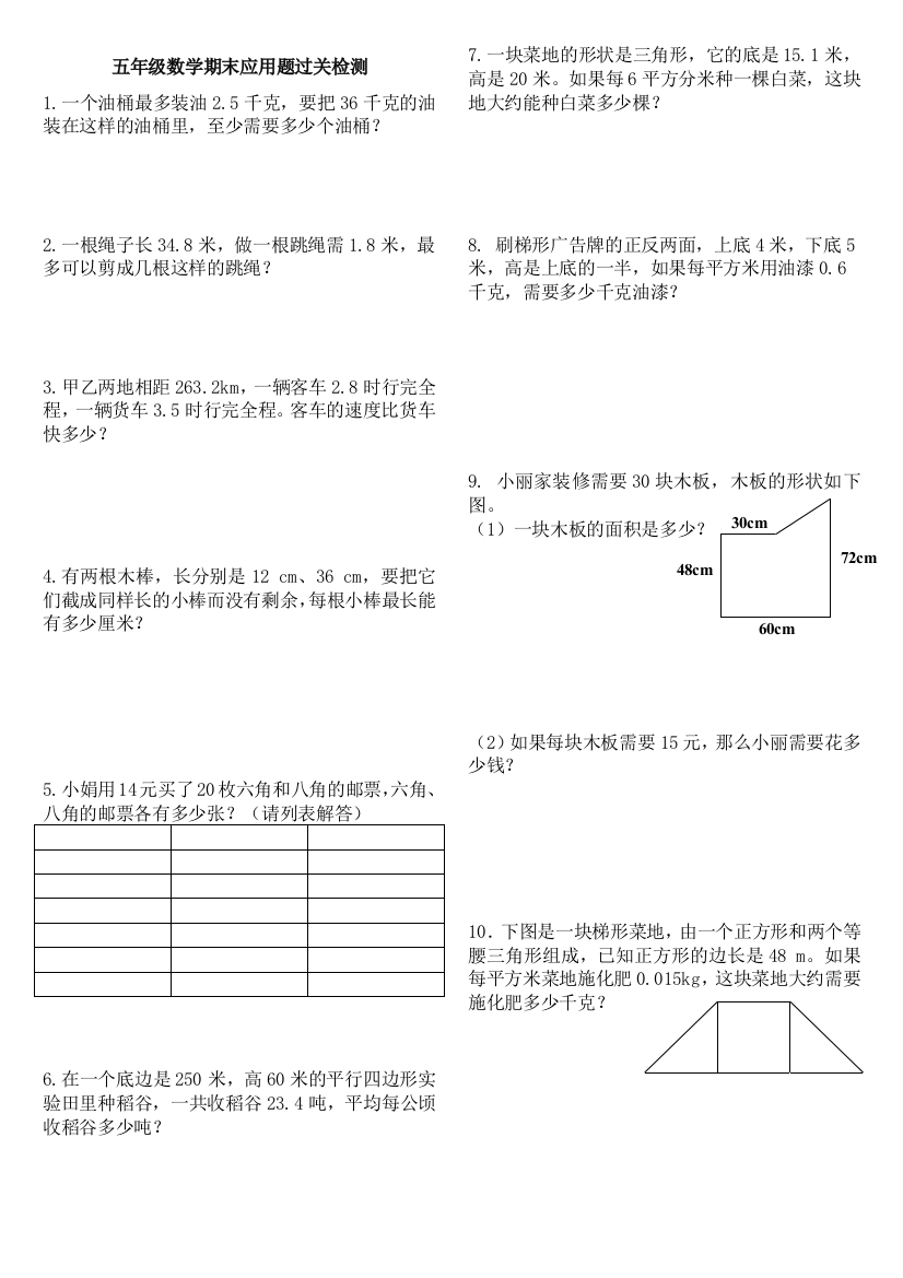 【小学中学教育精选】2014年北师大版五年级上册期末应用题过关检测题