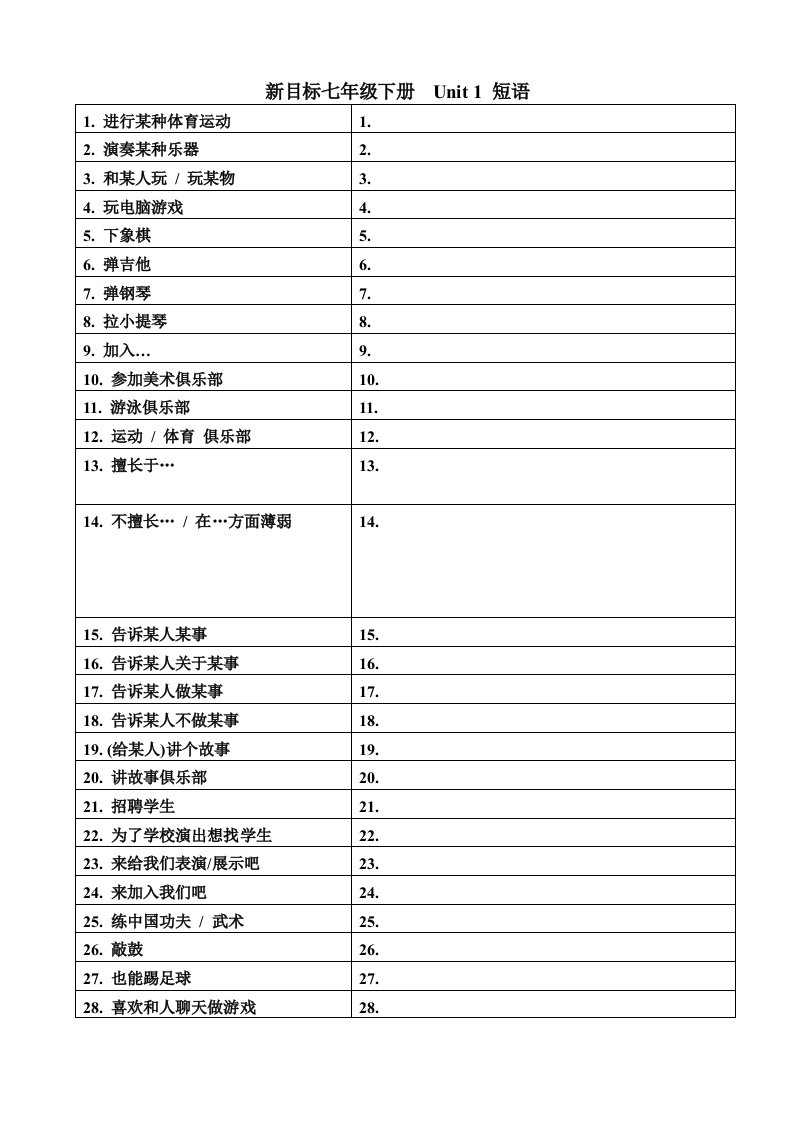 人教版七年级下册Unit1-6短语(考试版)