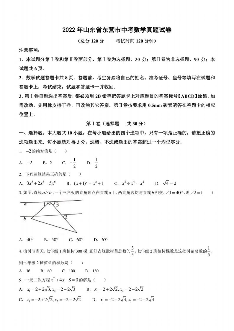 2022年山东省东营市中考数学真题试卷