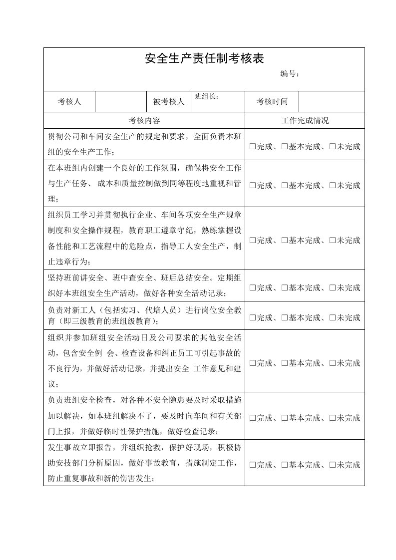 企业管理-6班组长安全生产责任制考核表