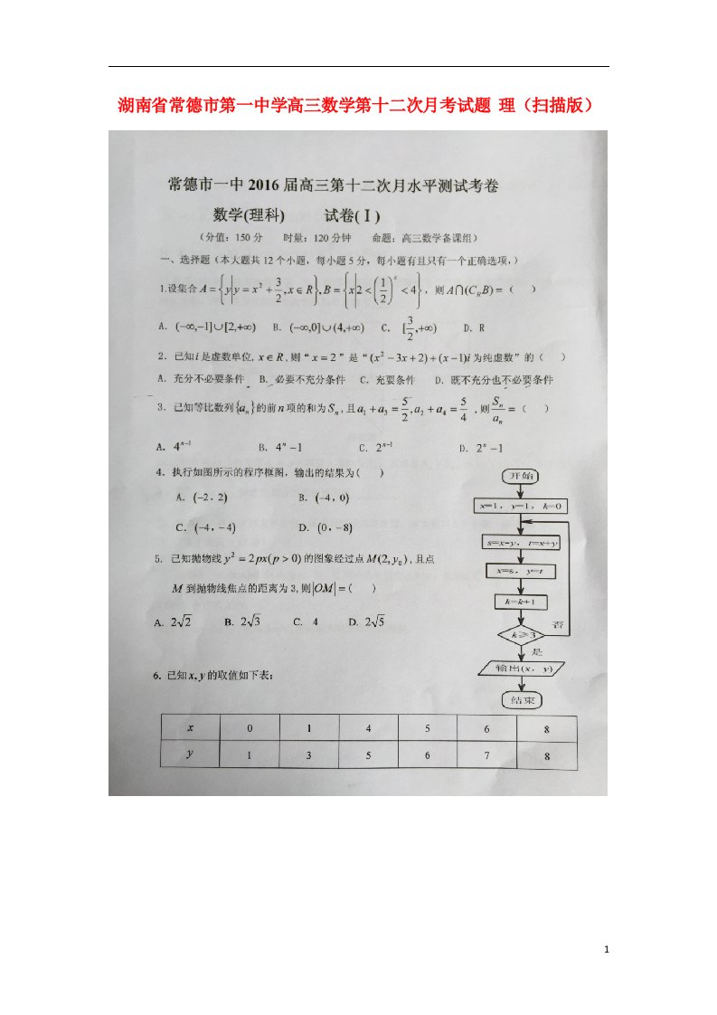 湖南省常德市第一中学高三数学第十二次月考试题