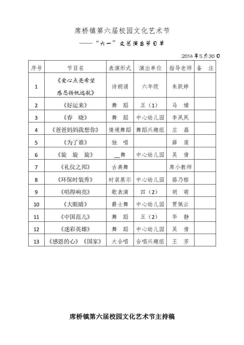 六一汇演节目单主持词