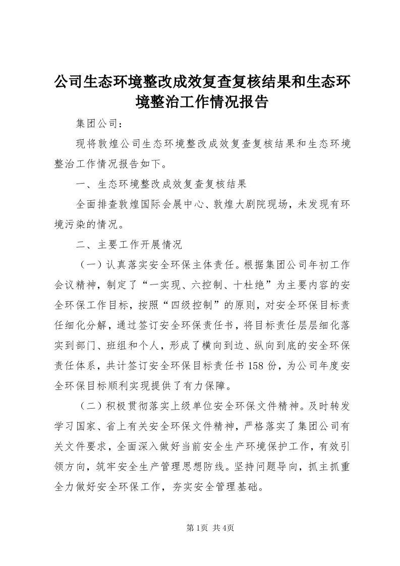 公司生态环境整改成效复查复核结果和生态环境整治工作情况报告