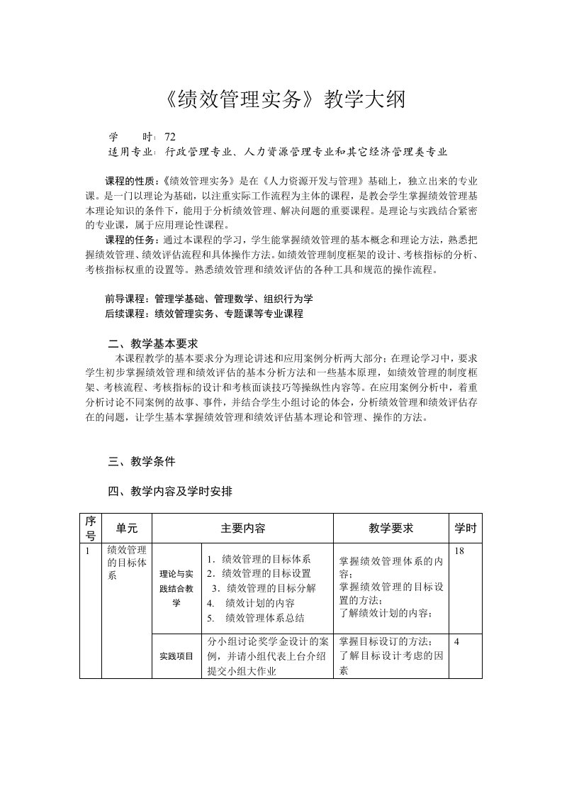 绩效考核-绩效管理实务教学大纲