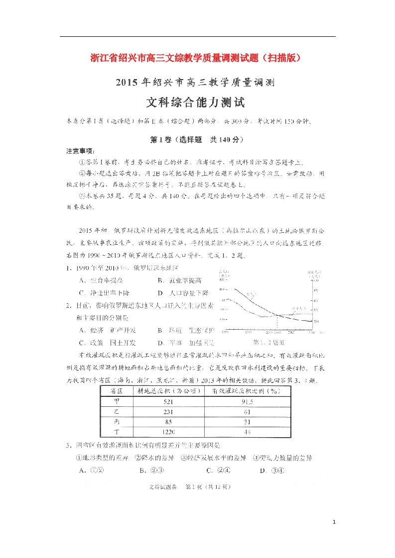 浙江省绍兴市高三文综教学质量调测试题（扫描版）