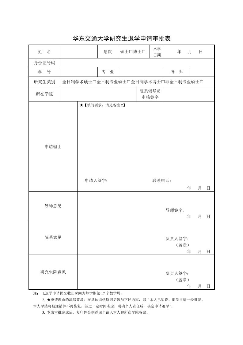 华东交通大学研究生退学申请审批表