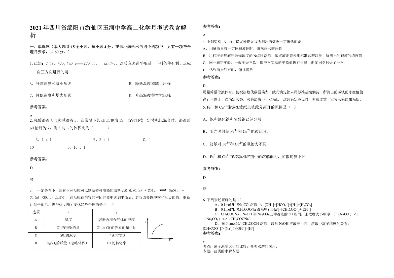 2021年四川省绵阳市游仙区玉河中学高二化学月考试卷含解析