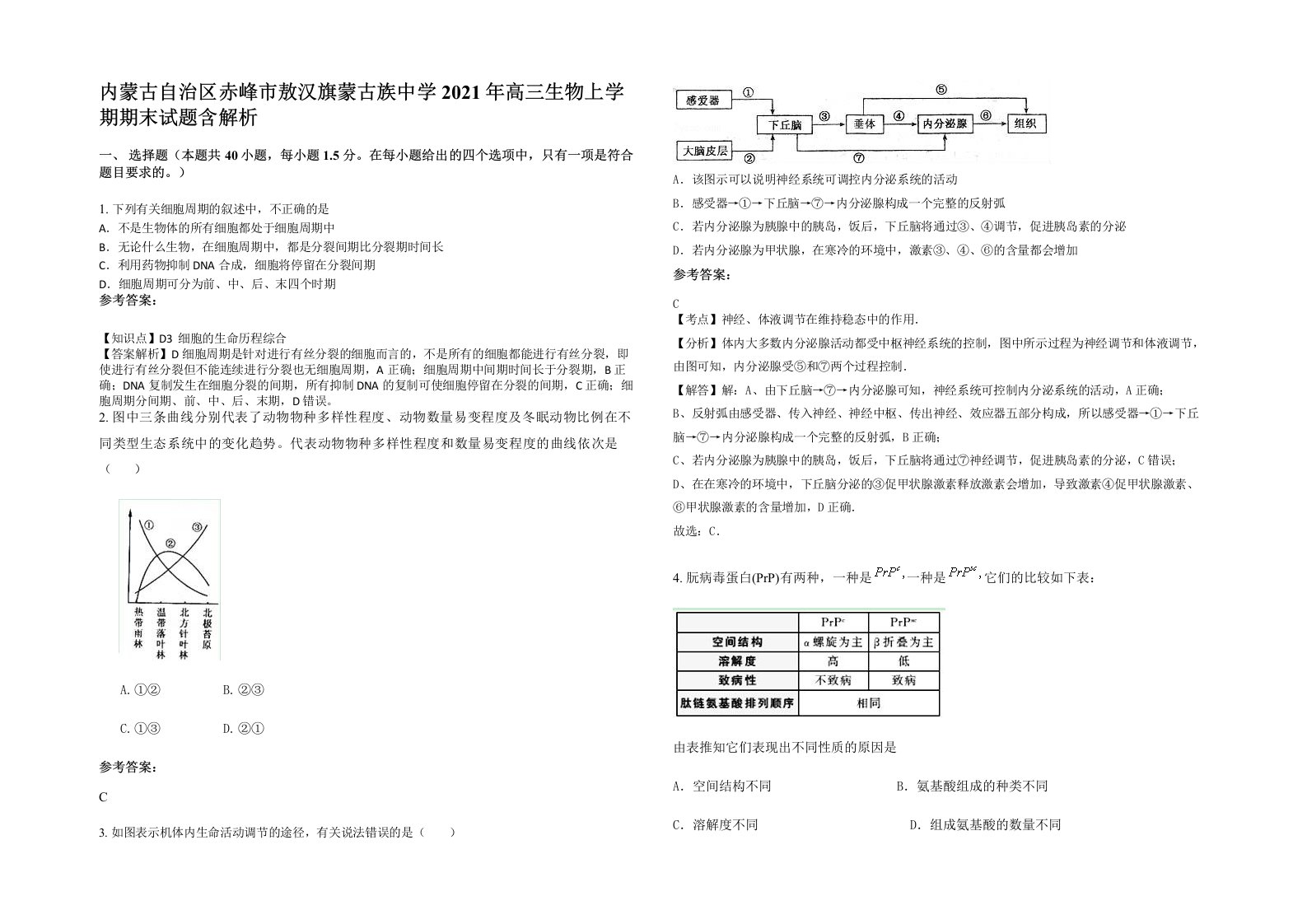 内蒙古自治区赤峰市敖汉旗蒙古族中学2021年高三生物上学期期末试题含解析