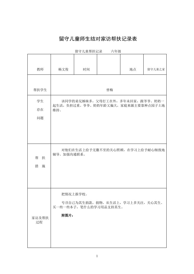 留守儿童师生结对帮扶记录表