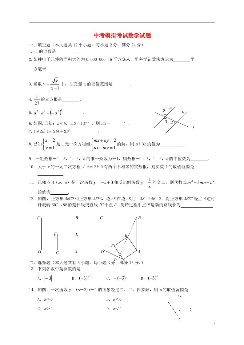 江苏省扬中市八桥中学中考数学模拟考试试题