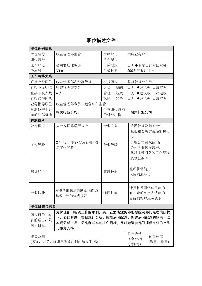 酒店收益管理部主管职位描述