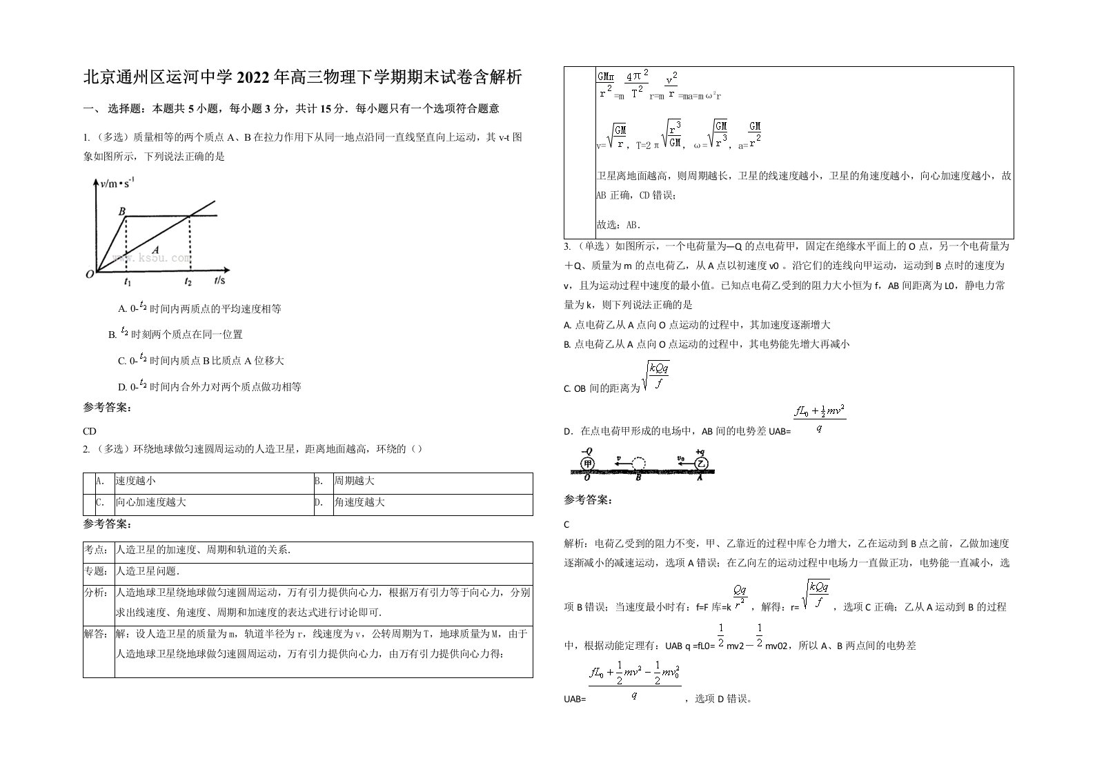 北京通州区运河中学2022年高三物理下学期期末试卷含解析