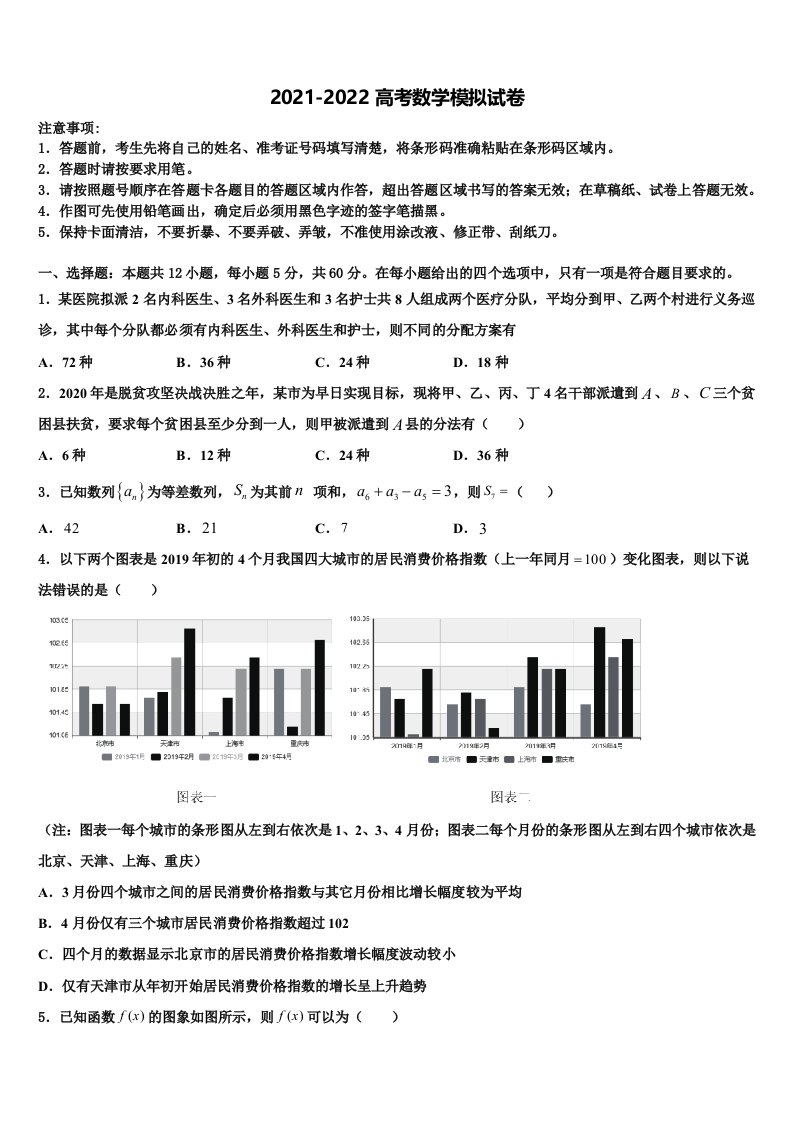 2021-2022学年云南省曲靖市沾益区第一中学高三3月份第一次模拟考试数学试卷含解析