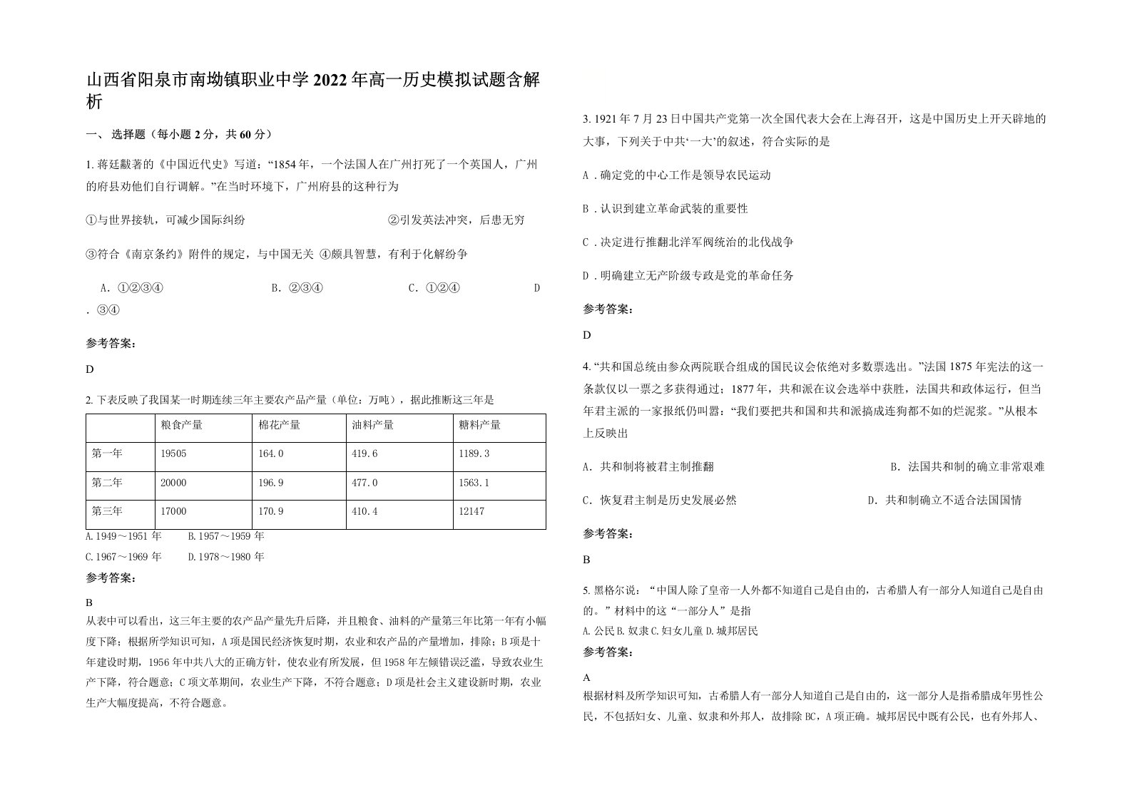 山西省阳泉市南坳镇职业中学2022年高一历史模拟试题含解析