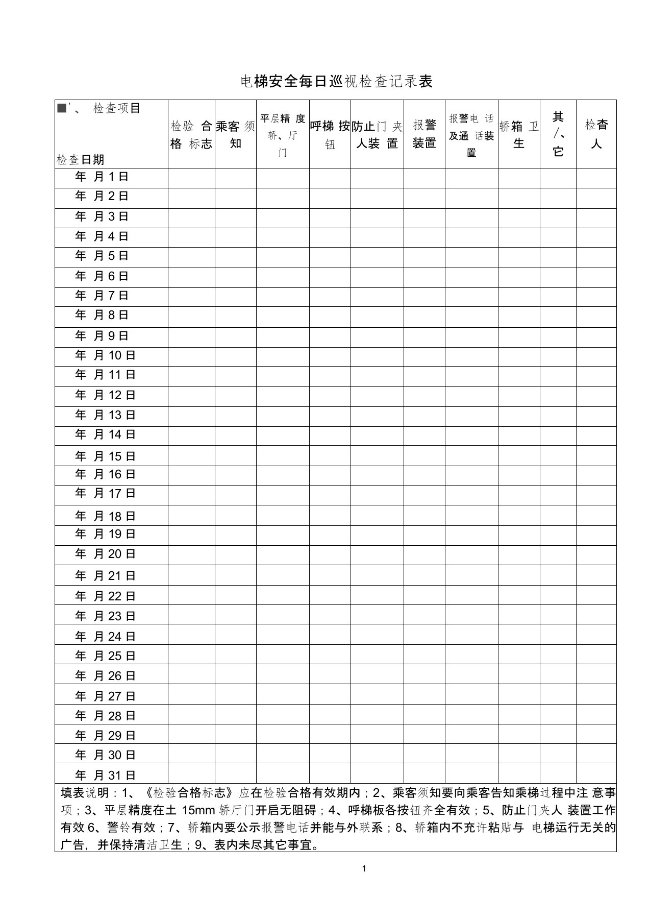 电梯安全日常检查记录表