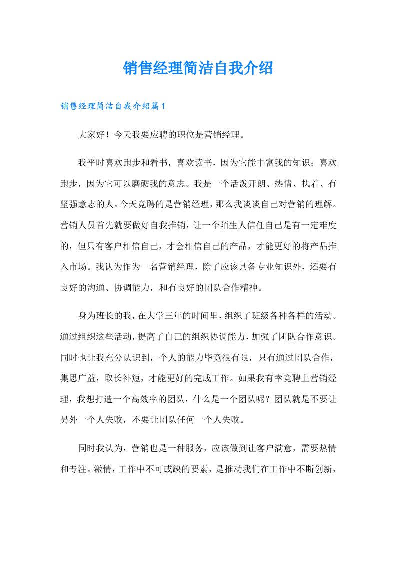 销售经理简洁自我介绍