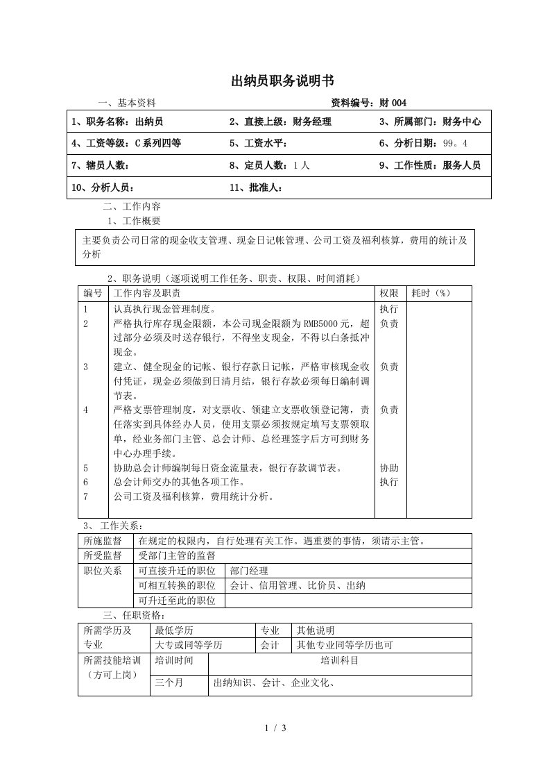 财务分析师职位说明书19