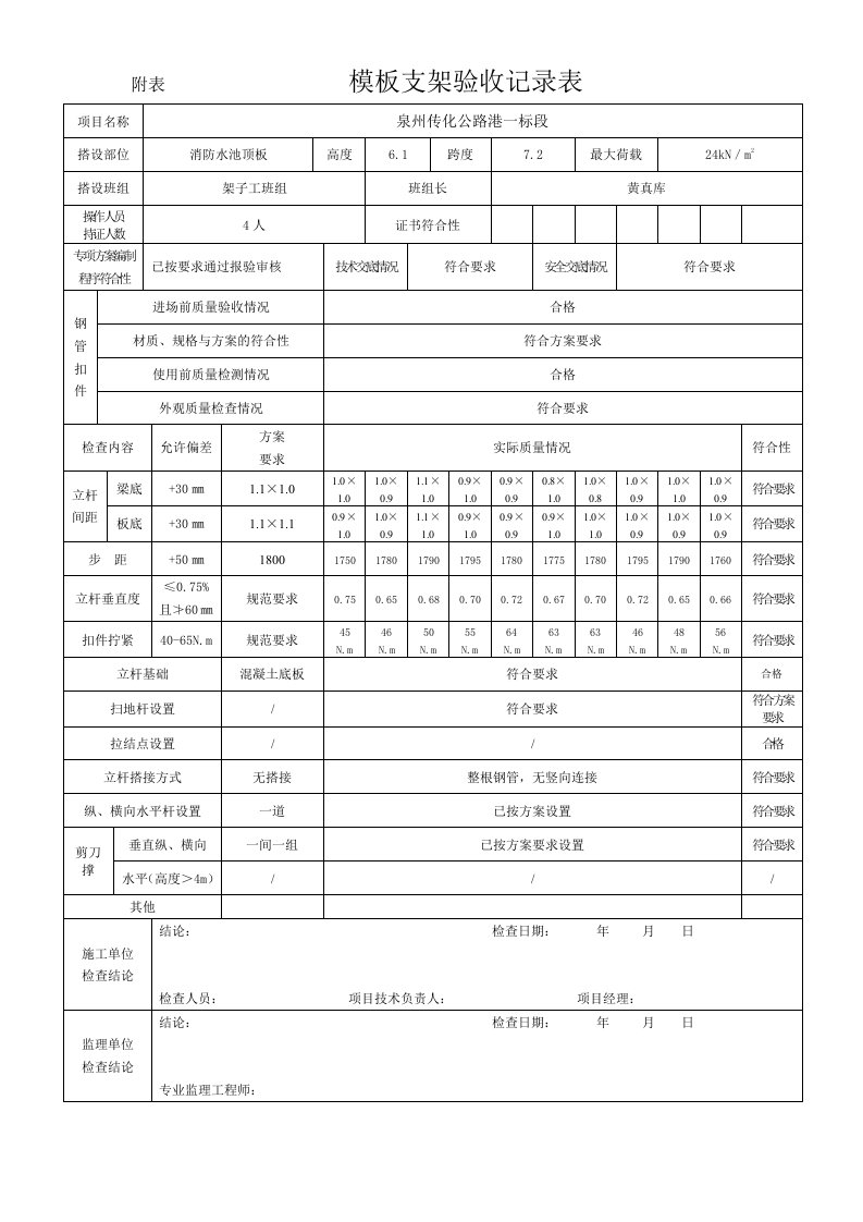 附表模板支架验收记录表