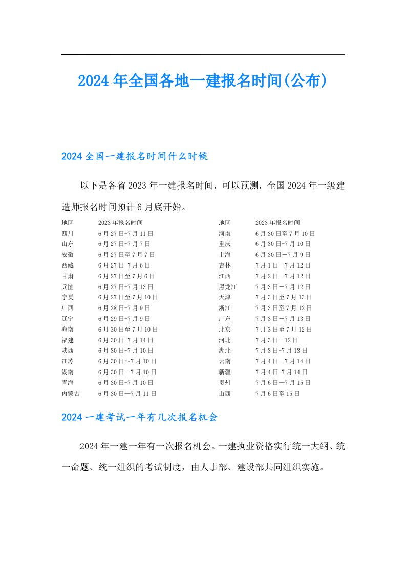 2024年全国各地一建报名时间(公布)