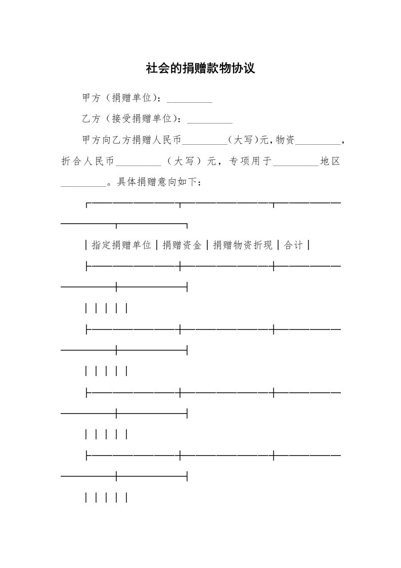 合同范本_赠与合同_社会的捐赠款物协议