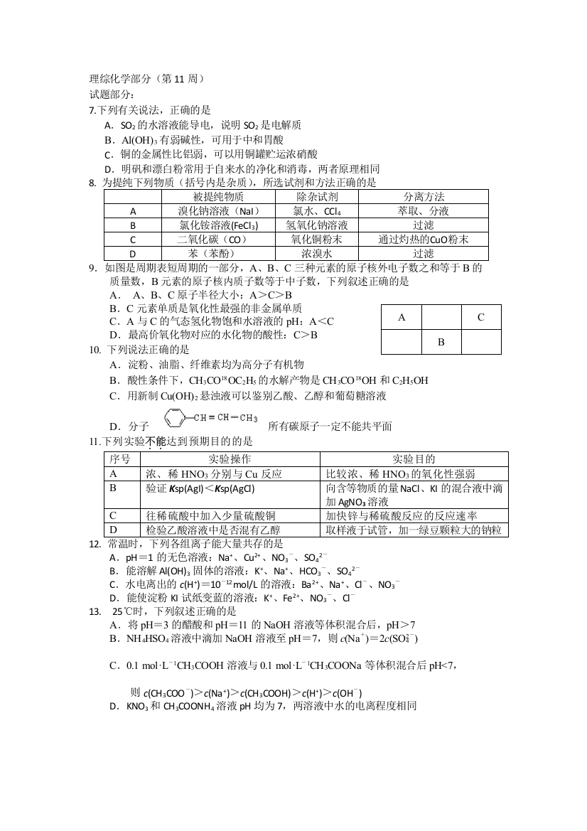 理综化学部分（第11周）2016