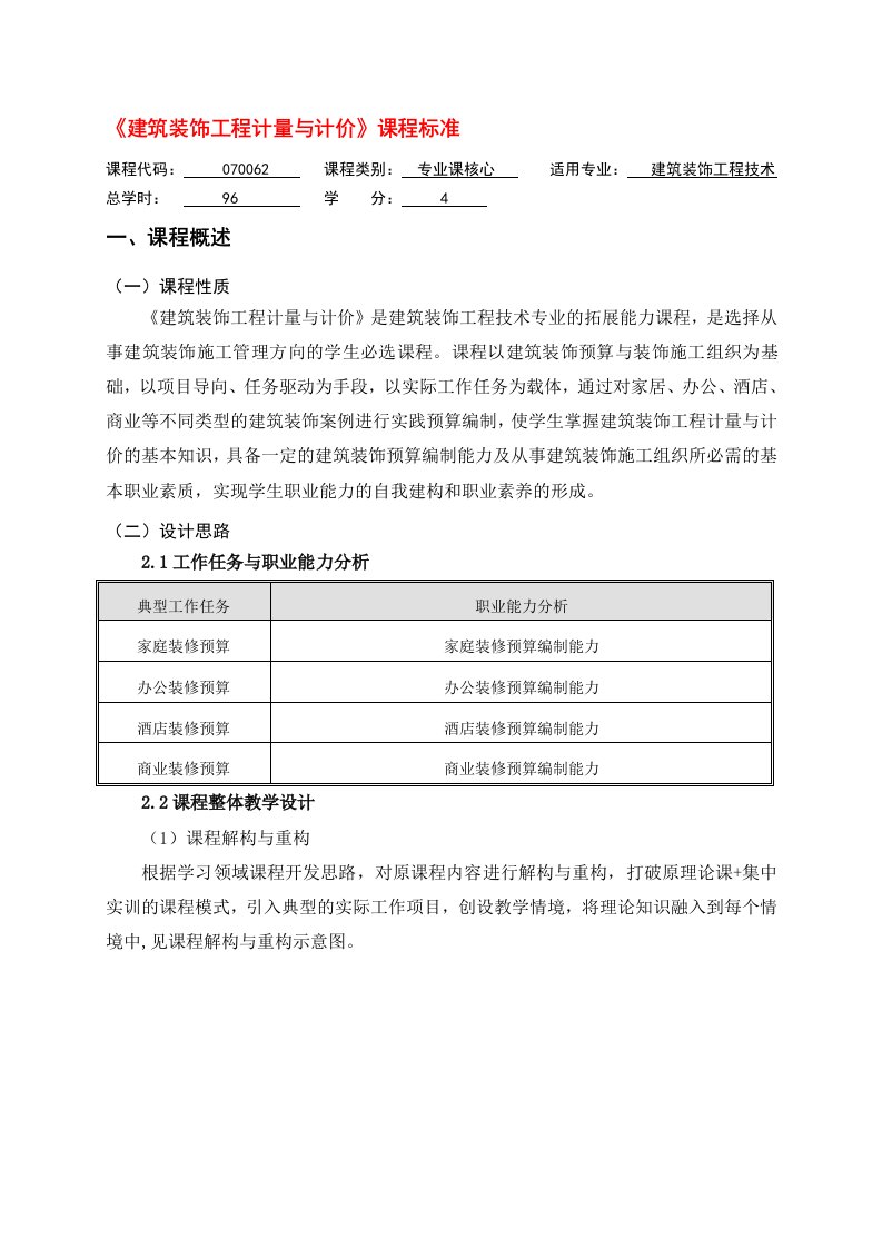 建筑装饰工程计量与计价课程标准