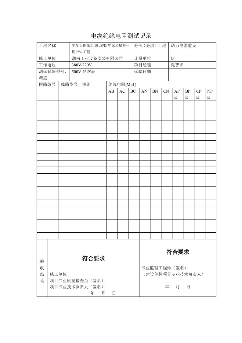 电缆绝缘电阻测试记录