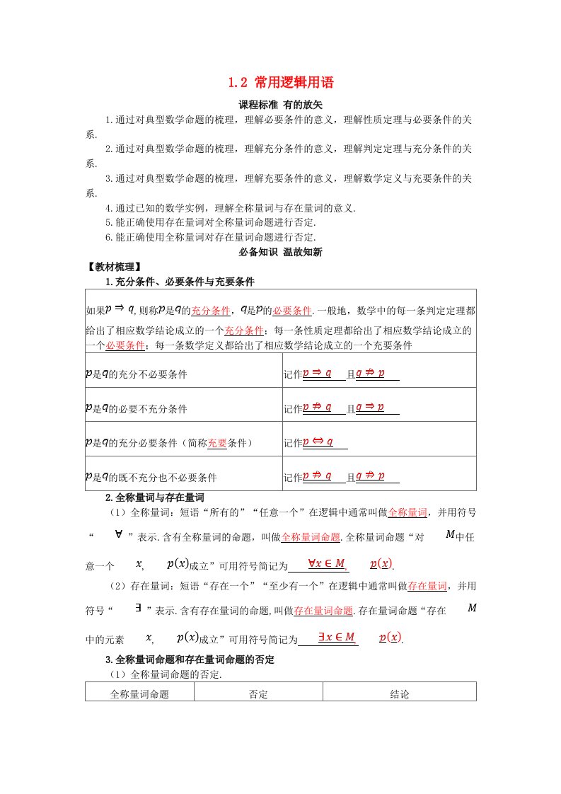 2025版高考数学一轮总复习知识必备第一章集合与常用逻辑用语不等式1.2常用逻辑用语