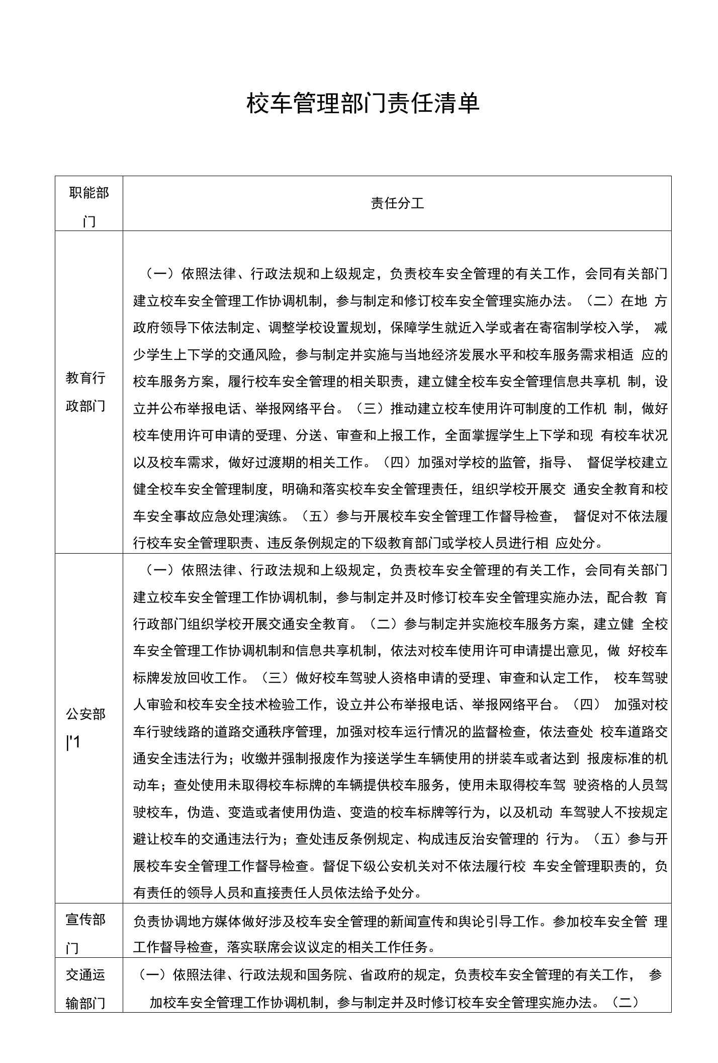 校车管理部门责任清单