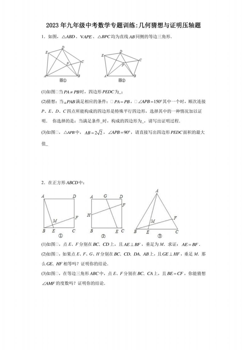 2023年九年级中考数学训练：几何猜想与证明压轴题