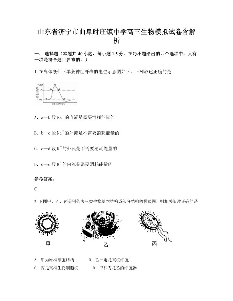 山东省济宁市曲阜时庄镇中学高三生物模拟试卷含解析