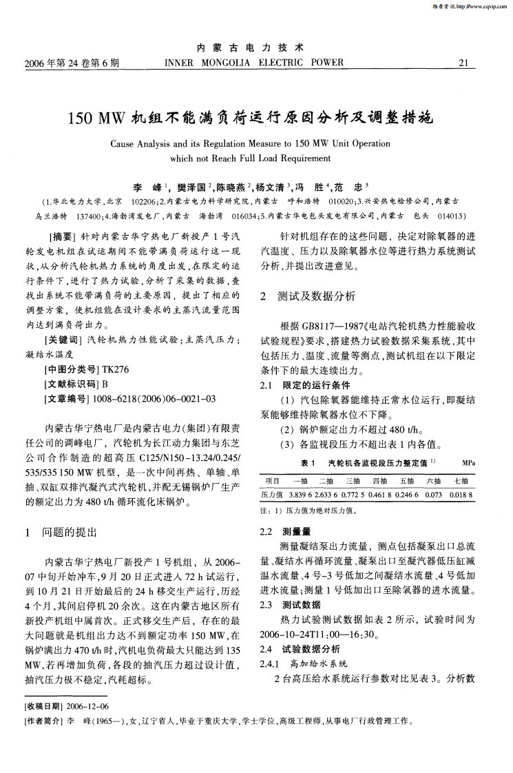 150MW机组不能满负荷运行原因分析及调整措施